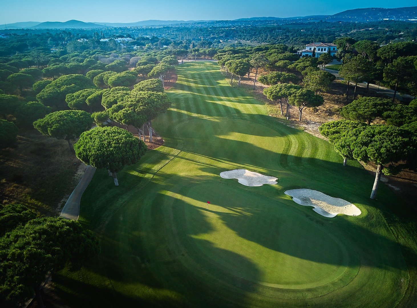 Tree-lined fairway at Quinta do Lago in the Algarve, from above